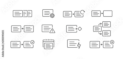 Workflow logic UI icon set for process automation, step control, conditional routing, and execution flow in web and app interfaces, created in line style with editable stroke