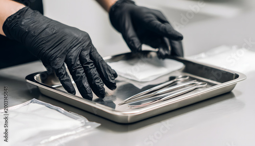 Hands wear black latex gloves while preparing for work or medical procedures. Clean protective gear is used for safety and hygiene. Sterile equipment is ready for use.
