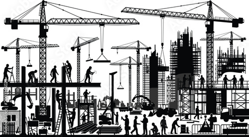 Construction Site Silhouette with Workers Cranes and Building Framework Industrial Development Scene