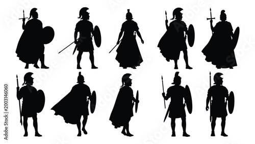 spartan warrior silhouettes collection ancient greek soldiers in black against white background high quality professional detailed modern elegant stylish clean crisp