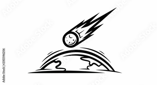 Stylized meteor striking a planet in black and white tribal art