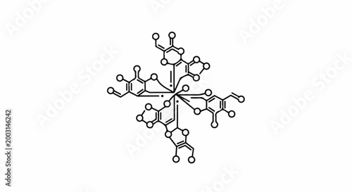 Stylized molecular structure with radial symmetry, intricate bonds