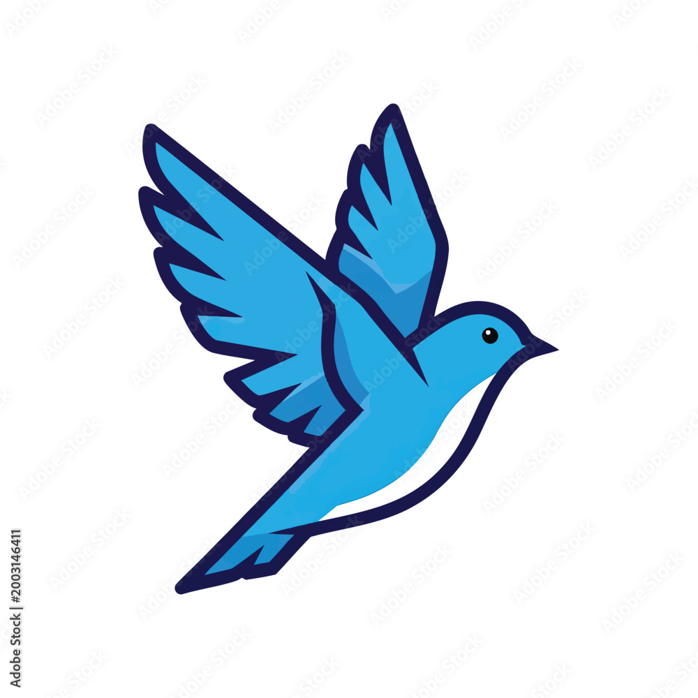 Obraz premium Stylized blue bird icon flying with outstretched wings.