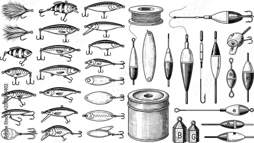 Tableau sur toile Vintage Fishing Tackle Set with Lures, Floats, Hooks, Sinkers, and Line Spool De