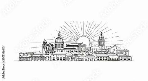 Stylized line drawing of a European city skyline at sunrise with a large dome