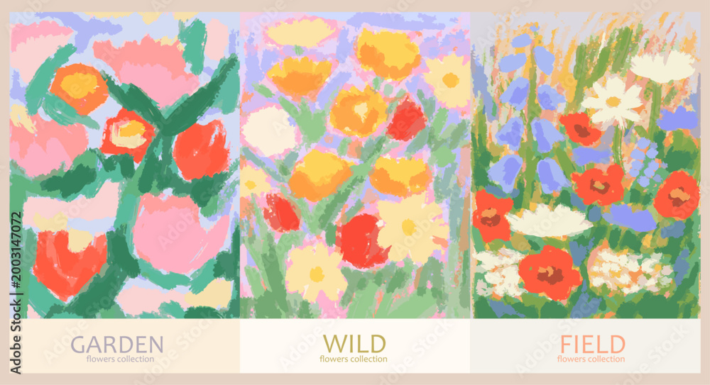 Fototapeta premium Abstract summer field, garden or wild flowers set. Summer botanical wall art, banner, poster or placard with pastel colored wax crayons drawings. Watercolor flower aesthetic for greeting wedding card.