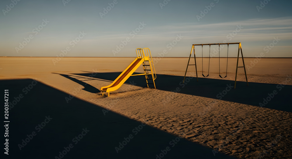 Fototapeta premium Lonely yellow slide and swing set in a vast desert landscape at sunset