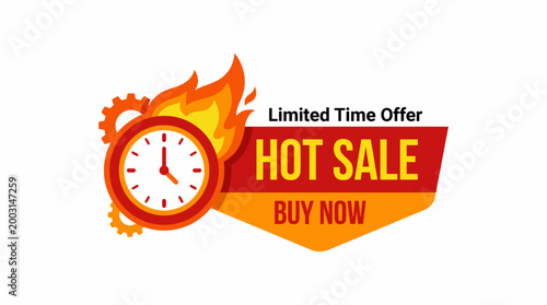 An eye-catching sale banner featuring a flaming clock and bold text to promote urgency and excitement for limited time offers to consumers.