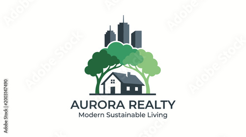An eye-catching logo for Aurora Realty that combines urban elements with nature, featuring a house icon nestled beneath trees against a city skyline.