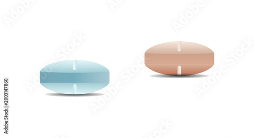 Two oval shaped blue and brown medicine pills on white background with medicine