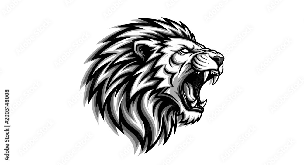 Obraz premium Roaring lion head illustration in black and white against white background
