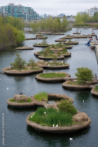 Floating wetland islands rafted with papyrus purifying sewage lagoon on Earth Day, kingfishers nesting in reeds, treatment plant pipes feeding system, constructed nature filtration