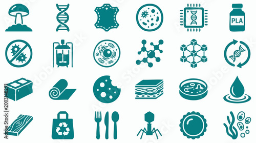Biotechnology, Bioengineering, and Sustainable Materials Icon Set