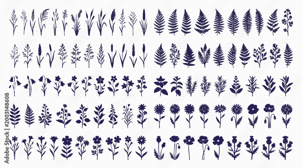 Fototapeta premium Botanical silhouettes set, wild herbs, flowers, and grass vector illustrations