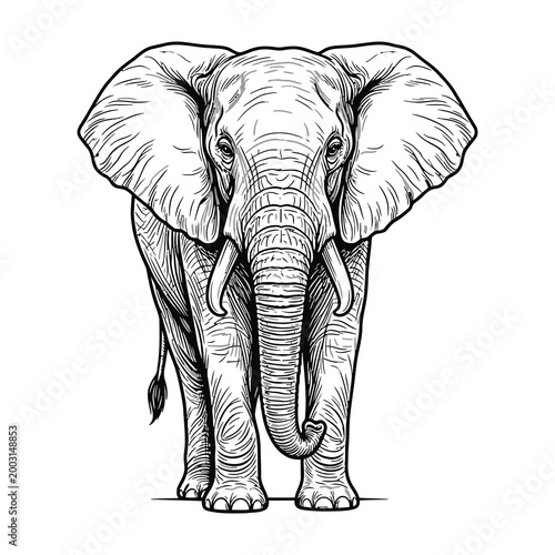 Detailed black and white elephant illustration with large ears and tusks standing alone
