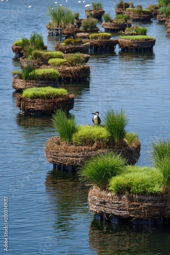 Floating wetland islands rafted with papyrus purifying sewage lagoon on Earth Day, kingfishers nesting in reeds, treatment plant pipes feeding system, constructed nature filtration