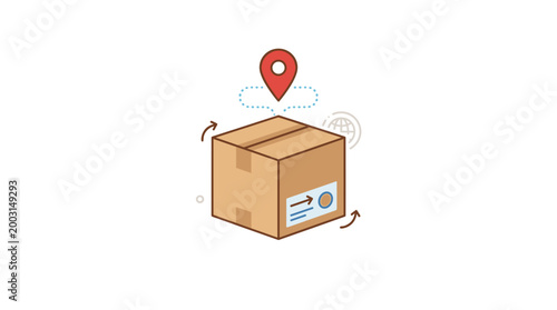 A cardboard shipping box with a location pin above, indicating delivery and tracking.