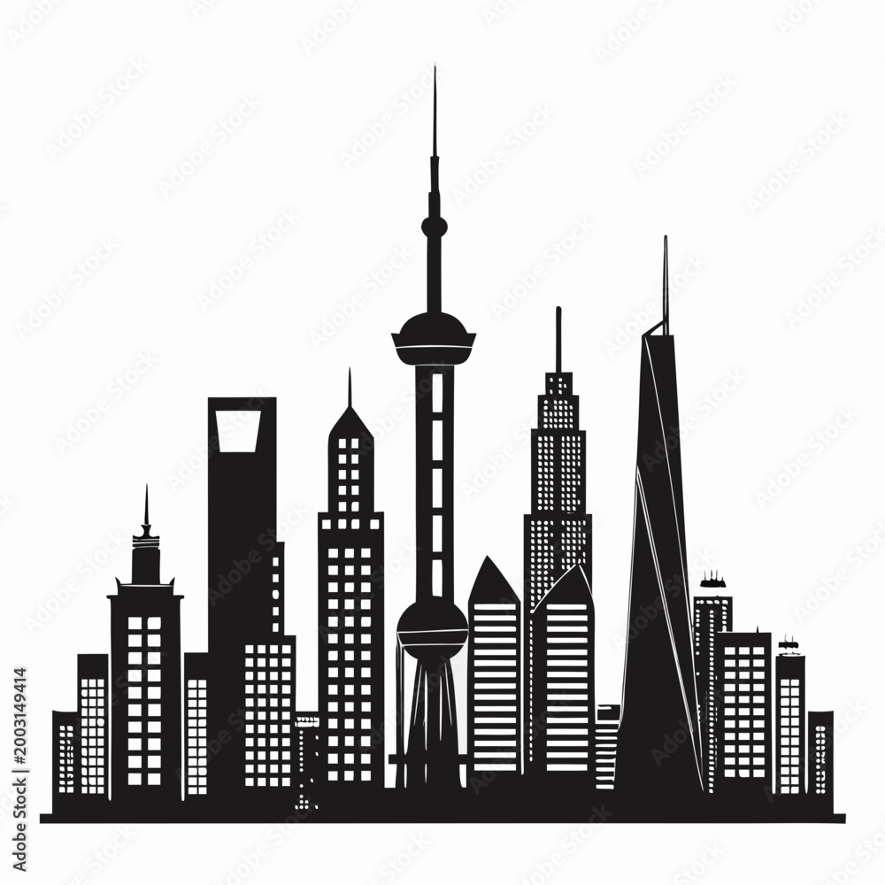 Obraz premium asymmetrical city skyline silhouette with dynamic modern architecture and varied skyscraper heights