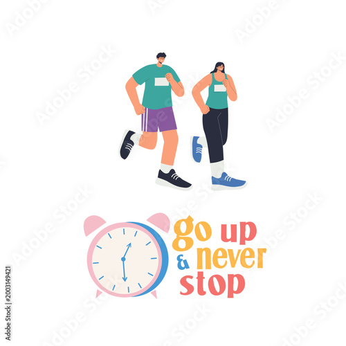 A fitness-themed design featuring a man and woman running together with an alarm clock icon and the quote 