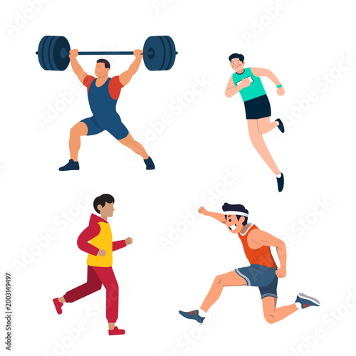 A collection of fitness characters including a weightlifter performing a snatch and various runners, showcasing strength and speed.