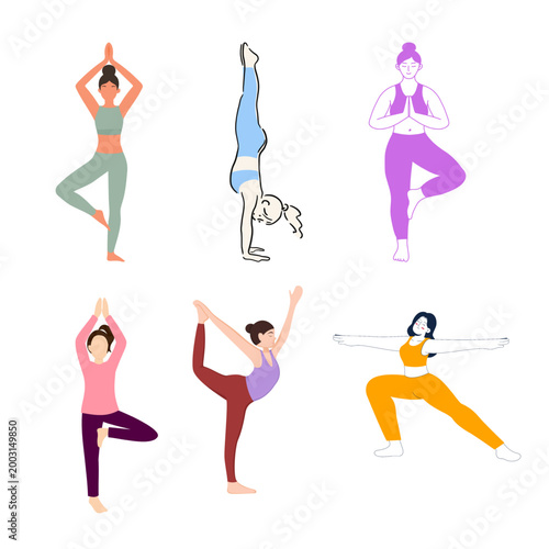 A comprehensive set of yoga asana illustrations featuring tree pose, warrior pose, and handstands in a clean, modern flat design style.