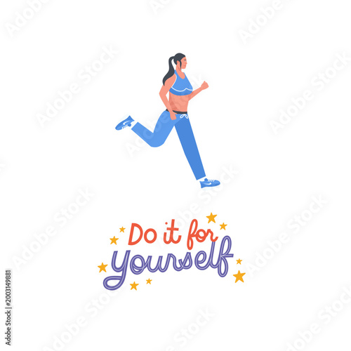 A motivational fitness illustration showing a woman running with the inspiring quote 