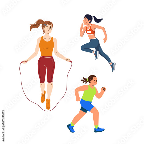 Dynamic illustration of women performing high-energy activities like jump rope and sprinting, emphasizing cardiovascular health and movement.