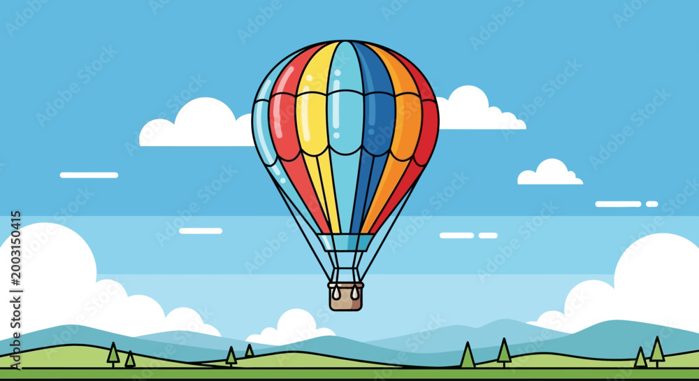 Obraz premium Vibrant hot air balloon soars through clear blue sky with fluffy clouds