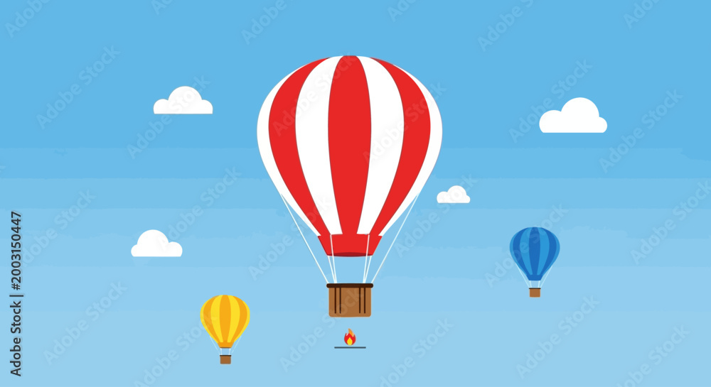 Fototapeta premium Vibrant hot air balloons float gently in the clear blue sky with fluffy clouds