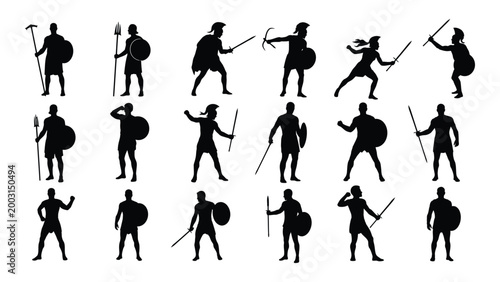 ancient warrior silhouettes collection with spears shields and swords on a white background high quality professional detailed modern elegant stylish clean