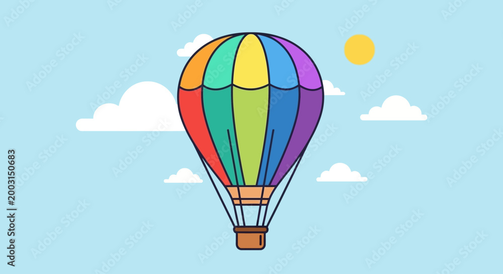 Fototapeta premium Vibrant hot air balloon soars freely in clear sky with sun
