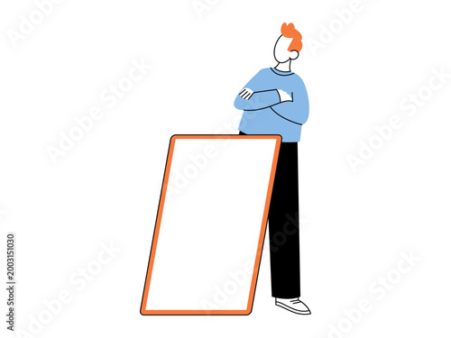Man with crossed arms stands behind a large blank board vector illustration. Advertising, marketing, presentation, announcement, copy space, business communication. Person leaning on empty frame