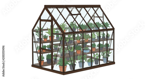 A detailed illustration of a greenhouse filled with various potted plants on shelves.