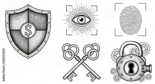 Security Icons Shield Fingerprint Eye Keys Lock.