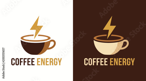 This creative logo concept for a coffee energy brand illustrates stylish cups with lightning bolts, symbolizing a blend of energy and flavor in the beverage.