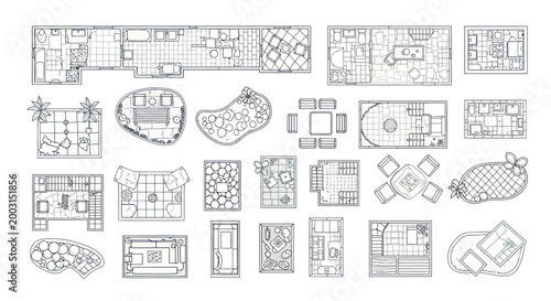 Set of architectural floor plan icons and interior design sketch elements for planning layouts