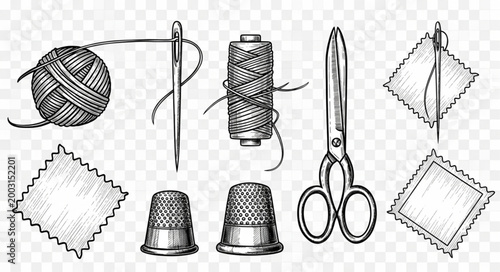 Photos Sewing supplies including needle thread spool scissors thimbles and fabric