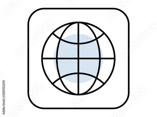 Globe with grid lines in a rounded frame vector illustration. Global network, internet access, international business, world travel, geography, web navigation. Earth sphere within a square boundary
