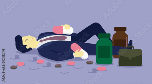 Businessman overwhelmed by medication, stress, and corporate pressure