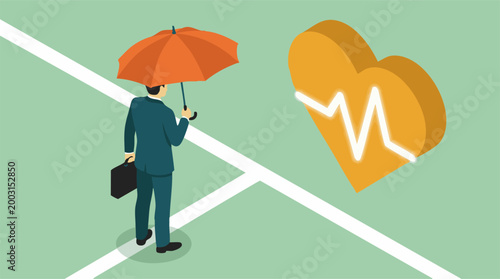 Businessman with umbrella protecting a heart with ECG, health insurance concept
