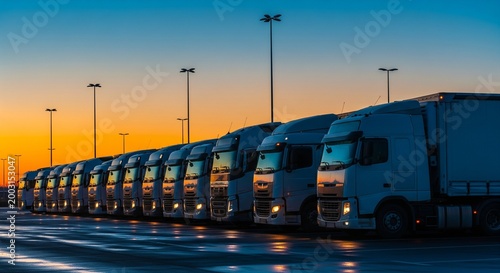 Fleet of white semi-trucks parked in a row at a logistics depot during sunrise with colorful sky