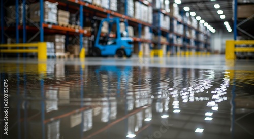 Flooded Warehouse Floor with Reflections of Racks, Forklift, and Ceiling Lights Creating a Puddle