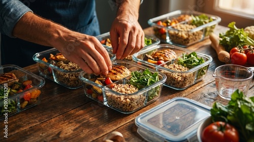 Man hands arranging fresh healthy food into glass meal prep containers on kitchen counter close up of portion control and weekly food planning