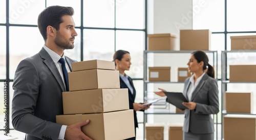 Focused Businessman Carrying Stack of Cardboard Boxes with Colleagues Discussing in Warehouse