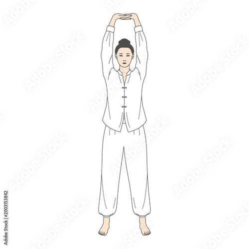 Baduanjin pose Holding up the Heavens. Qigong exercise vector illustration
