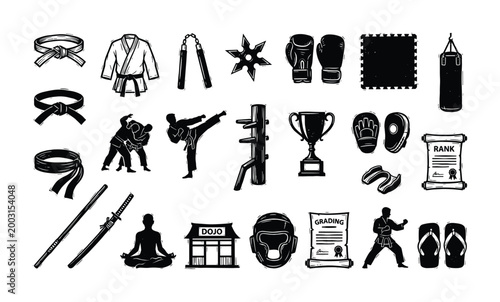 Collection of martial arts equipment and symbols in black and white style