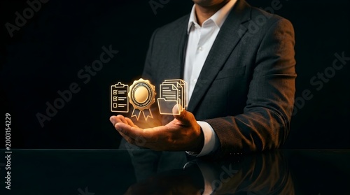 Professional Male in Charcoal Suit Presenting Glowing Icons Above Raised Hand with Black Negative Space Minimalist Setting Dark Background tan