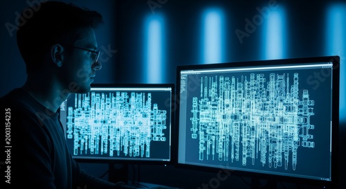 Focused Man in Glasses Working on Futuristic Blue Digital Blueprint Design on Dual Computer Monitors
