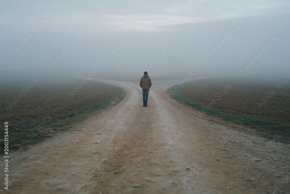 Fototapeta premium Misty morning blankets a barren, split dirt path. Lone figure walks forward, unaware of the choice ahead. Dusk's gray light softens the horizon's edge