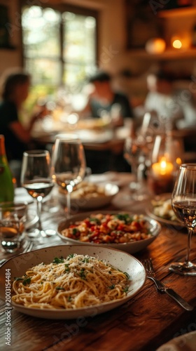 A cosily laid table with pasta and wine in a restaurant creates a warm atmosphere for food lovers, romantic dinners and socialising over a meal.